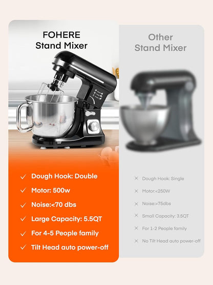 5,5QT Küchenmaschine elektrisch mit Doppelknethaken, Schneebesen & Rührbesen, 6+ P Geschwindigkeits-Kippkopf-Mixer, Spritzschutz für Hausmannskost, Spülmaschinenfeste Edelstahl-Schüssel mit Griff, Schwarz