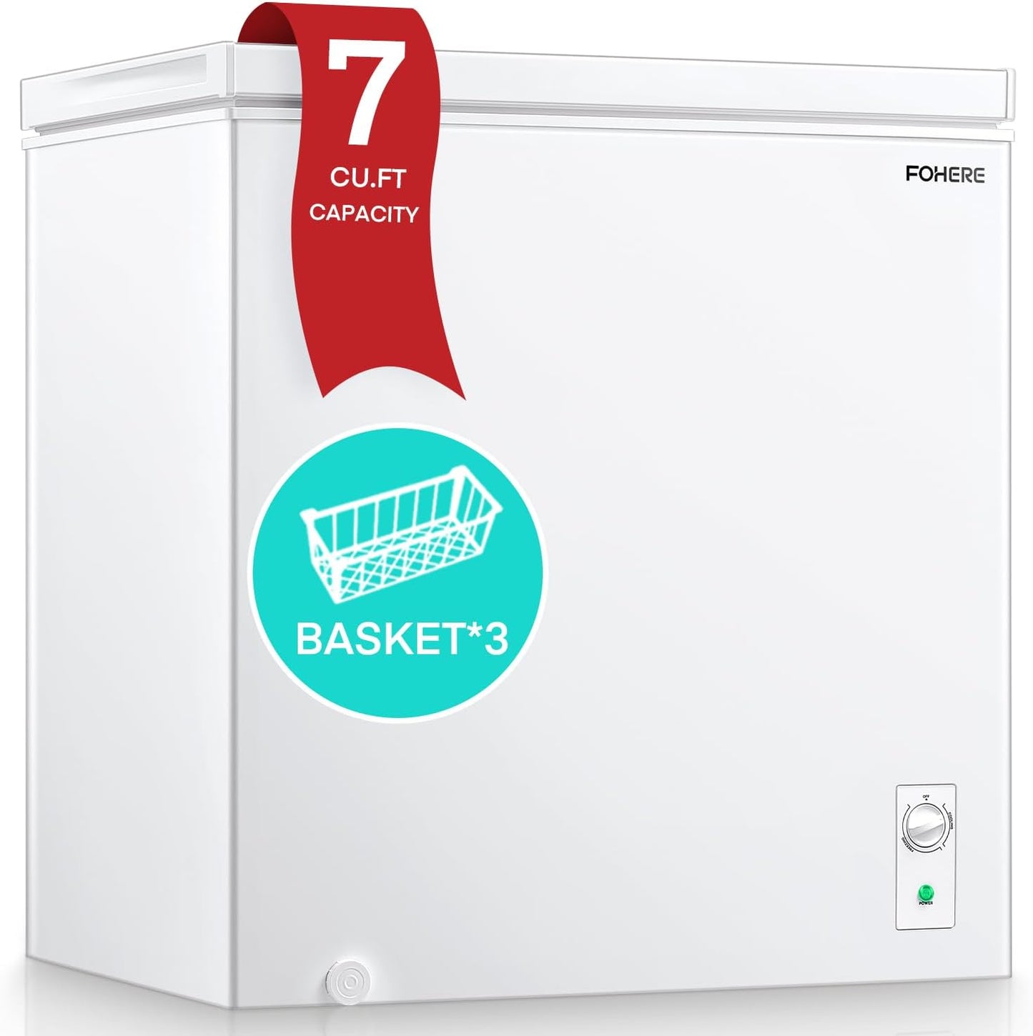 FOHERE 7.0 Cu.Ft Gefriertruhe, kompakte Tiefkühltruhe mit drei herausnehmbaren Körben, freistehende obere Öffnungstür, einstellbare Temperatur, für Küche, Garage, Büro, Bar, Weiß