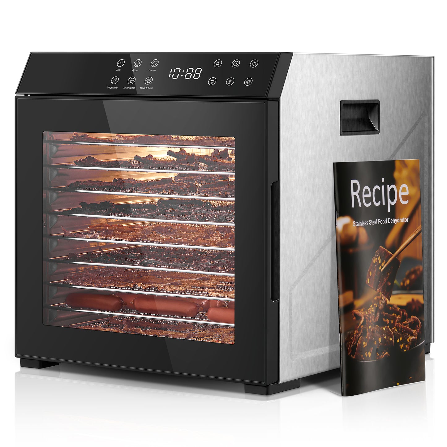 Dörrgerät, 10 Einschübe, komplett aus Edelstahl, 6 individuelle Programme, 80 °C Temperaturregelung, digitales LED-Display, einstellbarer Timer, für Dörrfleisch, Fleisch, Kräuter, Gemüse und Obst