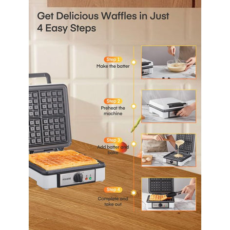 FOHERE 4-Slice Waffle Maker, 1200W Waffle Iron, Non-Stick, Browning Control, White