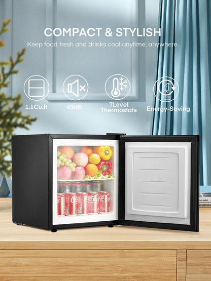 FOHERE 1.1 Cu.Ft Mini-Gefrierschrank, kompakt, stehend, mit umschlagbarer Tür, herausnehmbaren Einlegeböden, kleiner Gefrierschrank für Zuhause/Wohnheime/Wohnungen/Büro, Schwarz