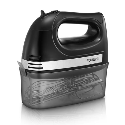 Handmixer mit Aufbewahrungsbox, 5 Geschwindigkeitsstufen und Turbo, FOHERE Elektrischer Eierschläger mit 6 Zubehörteilen