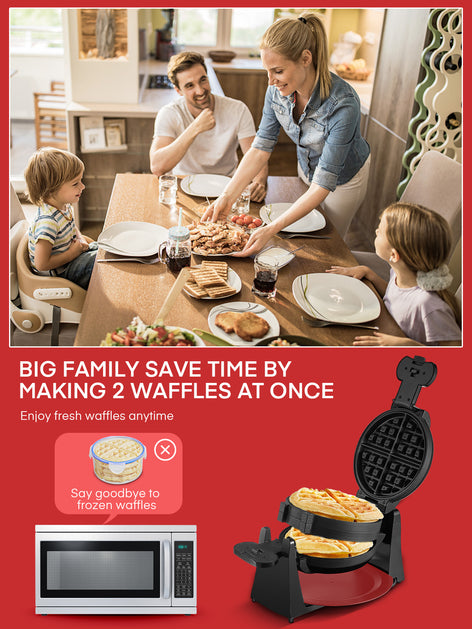 Waffle Maker, Belgian Waffle Maker Iron 180° Flip Double Waffle, 8 Slices, Rotating & Nonstick Plates, Removable Drip Tray, Cool Touch Handle, Red, 1400W