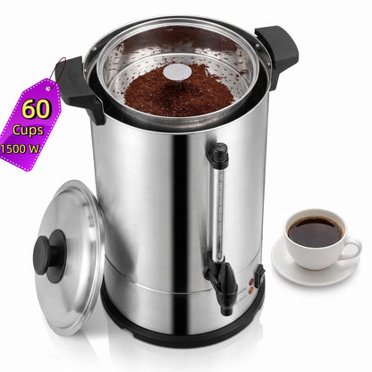 FOHERE 60-Cup Commercial Coffee Urn, 1500W, Stainless Steel Hot Water Dispenser with Adjustable Temp & Water Gauge