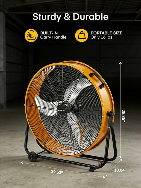 FOHERE 24 Inch High Velocity Industrial Drum Fan, 8100 CFM Heavy Duty Metal Floor Fan with Wheels, 360° Tilt 3-Speed Shop Fan, Portable Barn Fan with Wide Handle for Warehouse, Garage, Factory, Gym