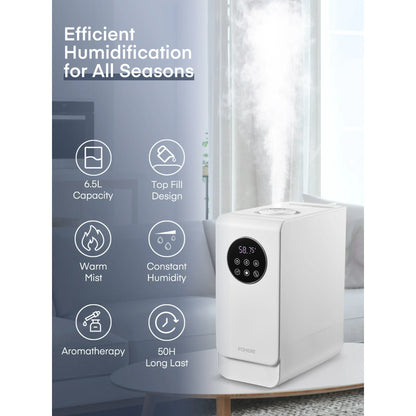 FOHERE Kalt- und Warmluftbefeuchter, einfache Befüllung von oben, 6,5 l großes Fassungsvermögen, Ultraschall-Luftbefeuchter für Schlafzimmer und große Räume, mit Aromaöl-Diffusor, Nachtlicht, Timer, leise, weiß