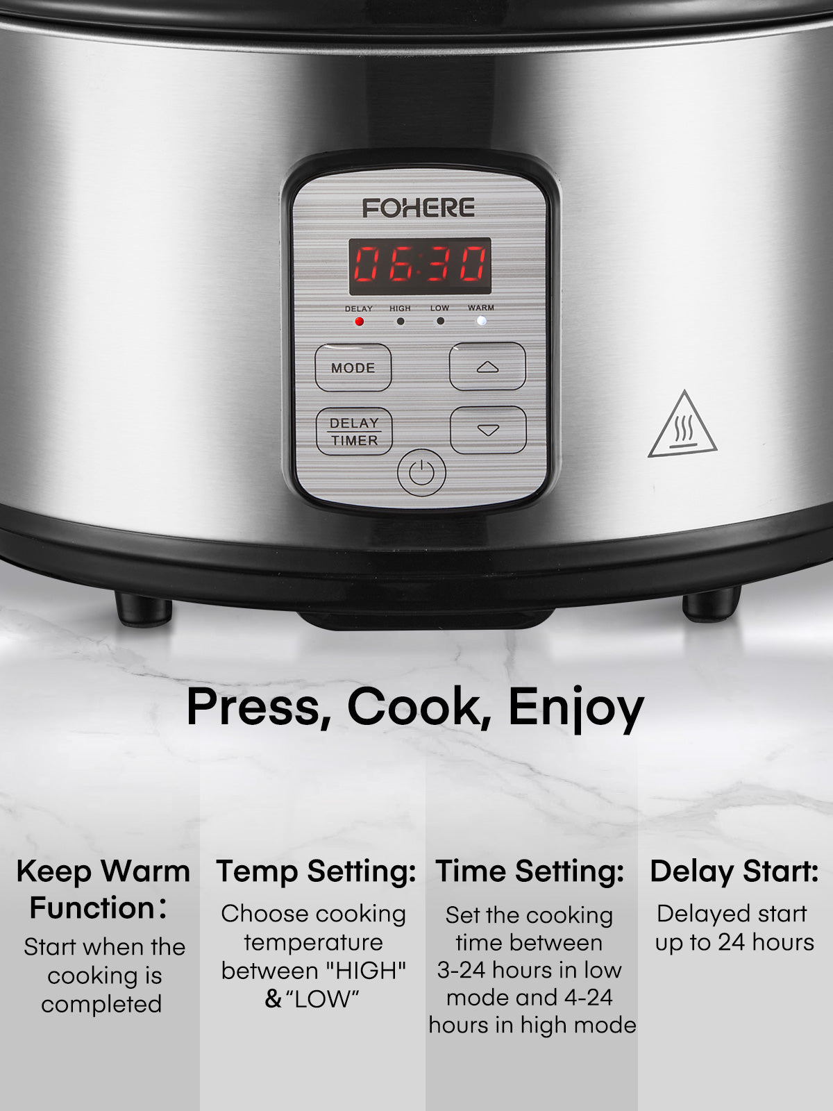 FOHERE 6Qt Slow Cooker mit Keramik-Innentopf, einstellbarer Zeit- und Temperaturregelung, automatischer Warmhaltefunktion, verzögerter Startfunktion