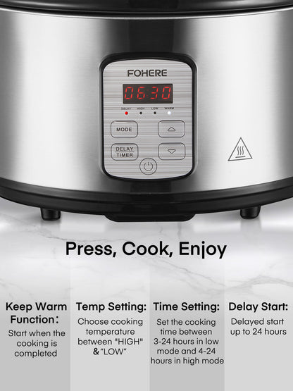 FOHERE 6Qt Slow Cooker mit Keramik-Innentopf, einstellbarer Zeit- und Temperaturregelung, automatischer Warmhaltefunktion, verzögerter Startfunktion