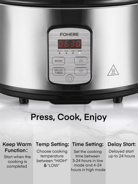 FOHERE 6Qt Slow Cooker with Ceramic Inner Pot, Adjustable Time ＆ Temp, Auto Keep Warm Function, Delay Start Function