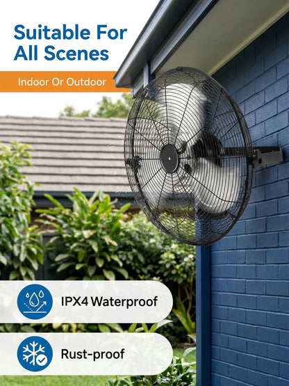 18 Inch Wall Mount Fan, 3-Speed, 360° Tilting Head, Maximum Airflow 4200 CFM, Suitable for Industrial, Commercial, and Residential Use, Black, FOHERE