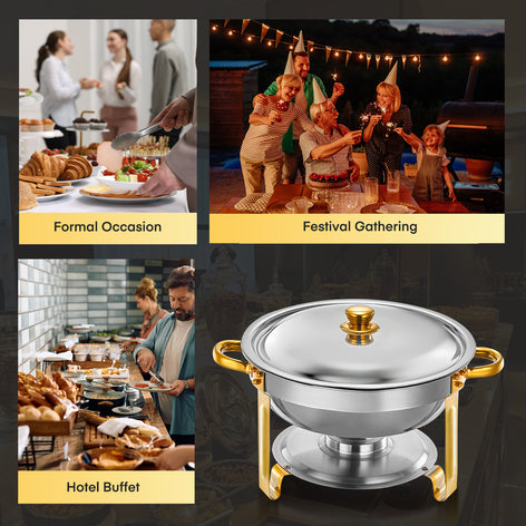 Chafing Dishes for Buffet 4 Pack, 6QT Round Stainless Steel Elegant Gold Stand, 4 Food Pan/Lid, Chafing Dish Buffet Set,  Food Warmers for Parties, Events, Wedding, Camping, Dinner