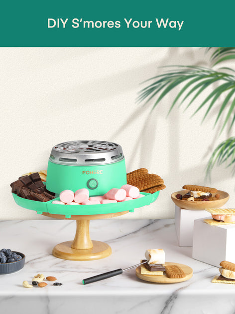 FOHERE Smores Maker Tabletop Indoor, Flameless Electric Marshmallow Roaster with 4 Detachable Trays & 4 Roasting Forks, Movie Night Supplies & Housewarming Gift, Green