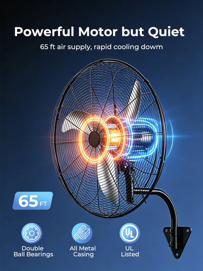 24 Inch Wall Mount Fan with Oscillation, 3-speed, IPX4 Waterproof, High-speed Industrial Wall Fan, Suitable for Garages, Homes, Warehouses Use. FOHERE