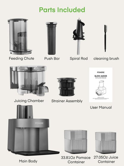 Entsafter Gemuese und Obst, Fohere Slow Juicer mit 4,72 Zoll/12cm breitem Einfüllschacht, leicht zu reinigen, für ganze Früchte & Gemüse, Kaltentsafter mit leisem Motor, Rücklauffunktion
