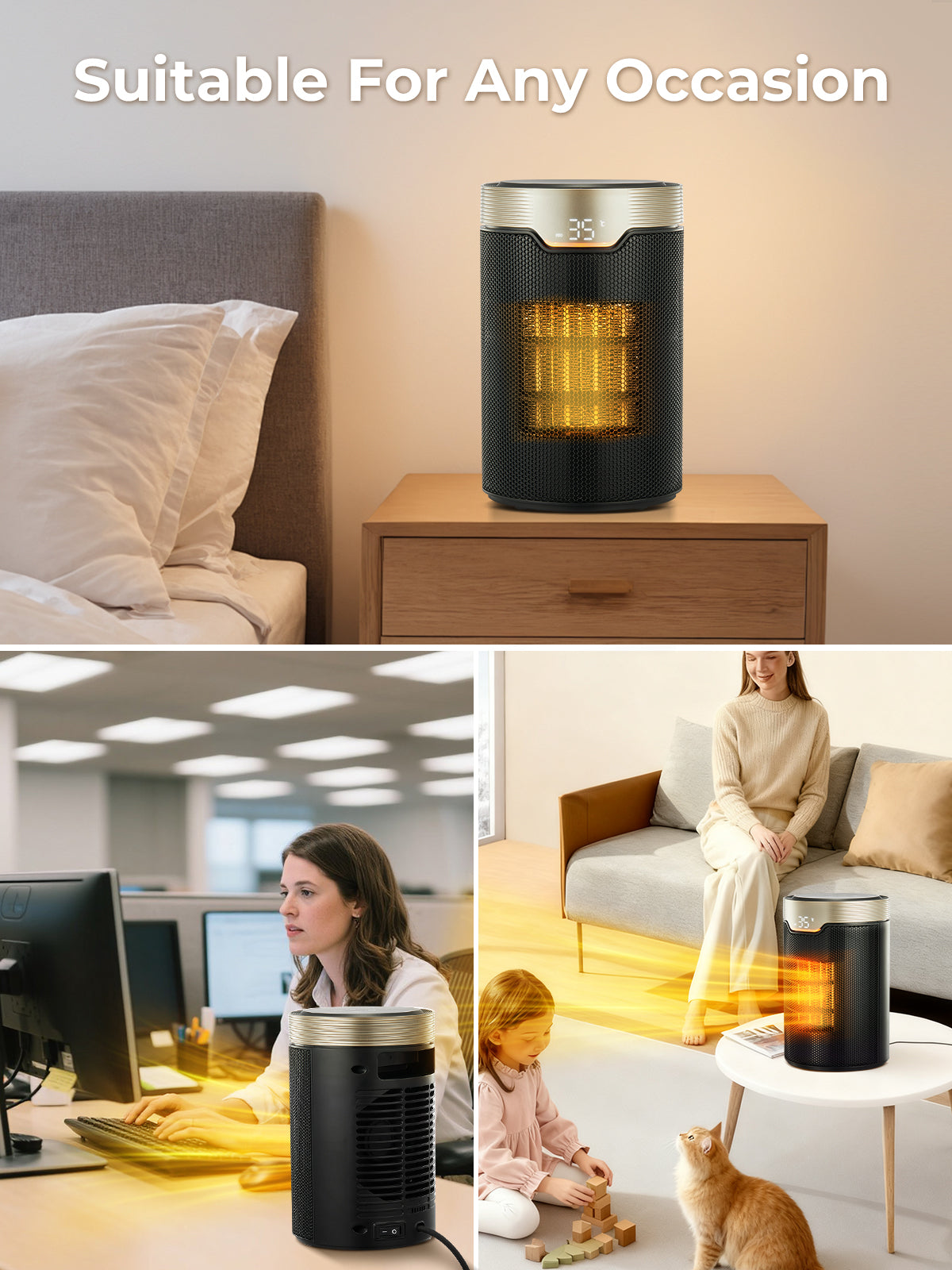 FOHERE Heizlüfter, ETL-zertifizierter 1500W PTC tragbarer Elektroheizer mit Thermostat, 24-Stunden-Timer, Memory-Funktion, Touch-Display, 5 Modi, schnelle Heizung, leise Sicherheitswärme für Büro Schlafzimmer Zuhause