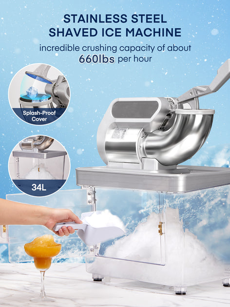 Ice Crusher 660LBS/H with Dual Blades, ETL Approved 300W Electric Snow Cone Machine with Safety On/Off Switch