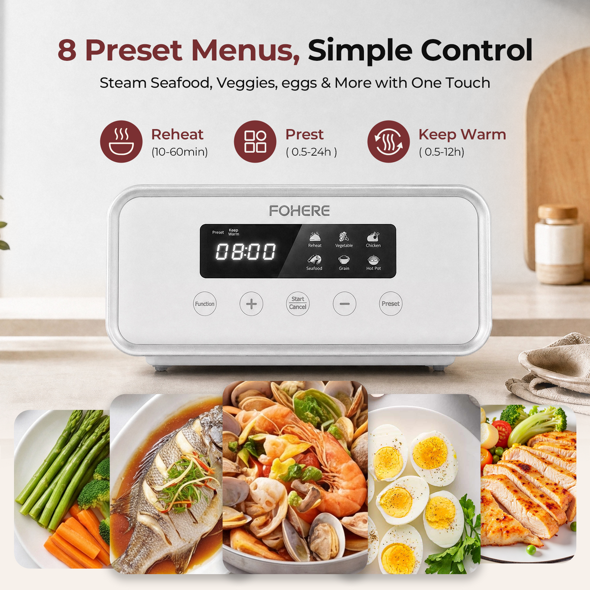 FOHERE Food Steamer for cooking 12.7QT Double Tier Stainless Steel Vegetable Steamer with Digital Timer, 8 Preset Menus,1200W