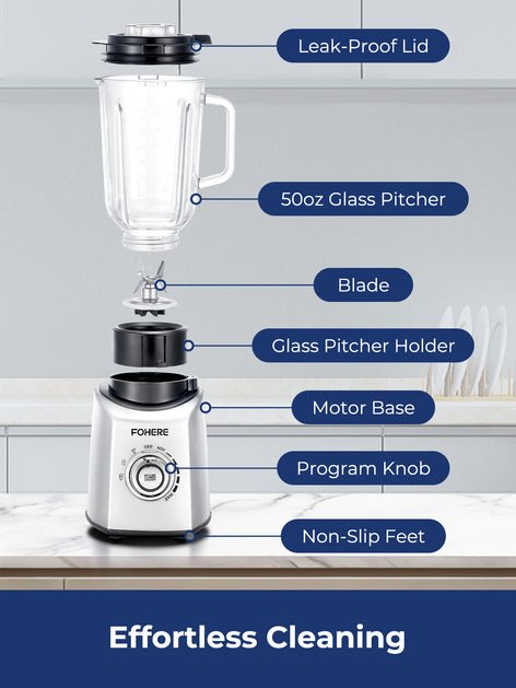 FOHERE Blender for Kitchen, 50 Oz Glass Professional Blenders for Smoothies and Shakes With 1 Tritan Jug, 5 Speeds, 3 Preset Programs, Peak 1300W