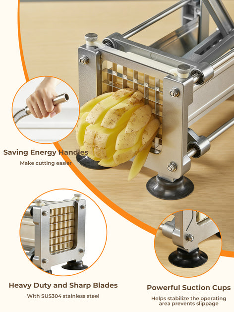 FOHERE French Fry Cutter for Potatoes, Stainless Steel Potato Cutter with 1/2 inch, 3/8 inch and 1/4 inch Blades, Perfect for Carrot, Yam, Cucumbers