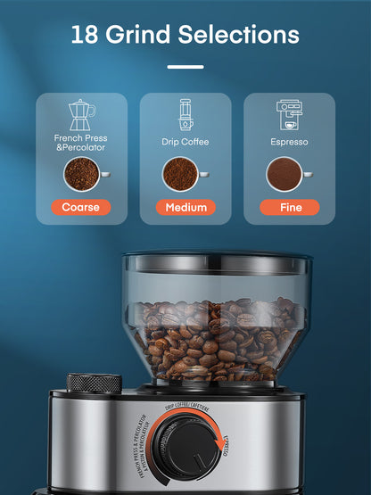 Elektrische Kaffeemühle FOHERE, 200W Upgrade, 18 präzise Mahlgradeinstellungen, 2-14 Tassen einstellbar, Schwarz