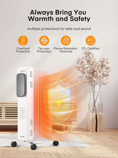 FOHERE Radiatorheizung, verbesserte 1500W Elektrische tragbare Ölradiator mit Fernbedienung, 4 Modi, Überhitzungs- und Kippschutz, 24h Timer, Digitalthermostat, leise, für Innenräume