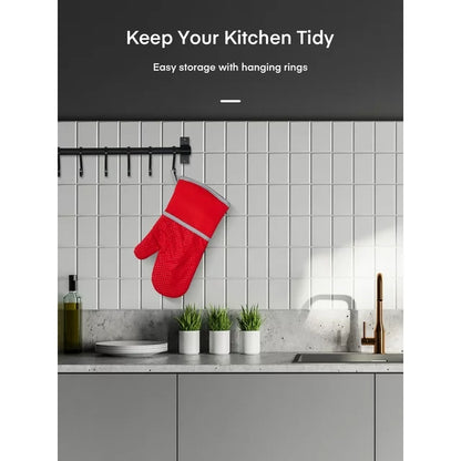 Oven Mitts, Heat Resistant Kitchen Oven Gloves 572°F, Non-Slip Silicone Surface, Extra Long Flexible Thick Mitts for Kitchen , Cooking , Baking , BBQ , Red