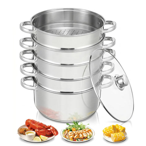 5-Tier Stainless Steel Steamer Pot, 8.5QT Multi-Function Stock Pot with Tempered Glass Lid, Stackable, Compatible with Induction Gas Stove, FOHERE