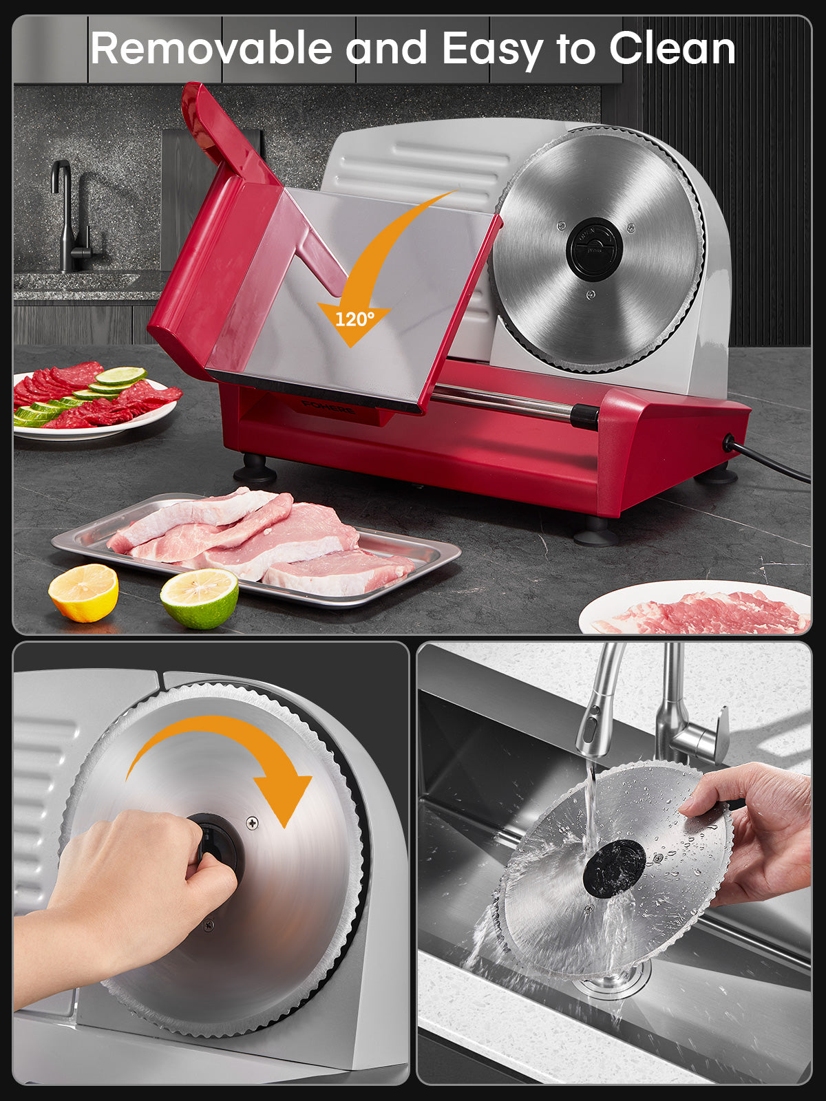 FOHERE Meat Slicer, 200W Electric Food Slicer with 3 Removable 7.5" Stainless Steel Blades and Stainless Steel Tray, Child Lock Protection, Adjustable Thickness, Food Slicer Machine for Meat Cheese Bread