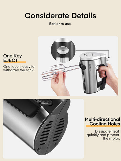 Handrührgerät elektrisch 6 Geschwindigkeiten 300 W Turbo Küchen-Handmixer Selbstkontrollierende Geschwindigkeit Edelstahl für einfaches Schlagen von Teig, Sahne, Kuchen