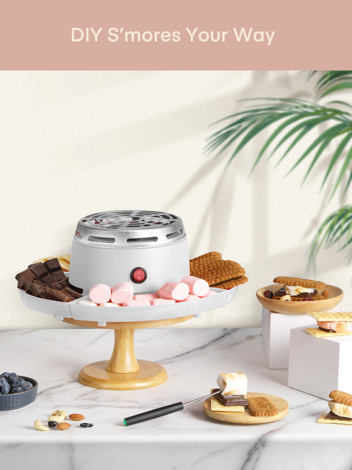 FOHERE Smores Maker für Tischplatte Indoor, mit 4 abnehmbaren Tabletts & 4 Röstgabeln, Geschenk, Weiß