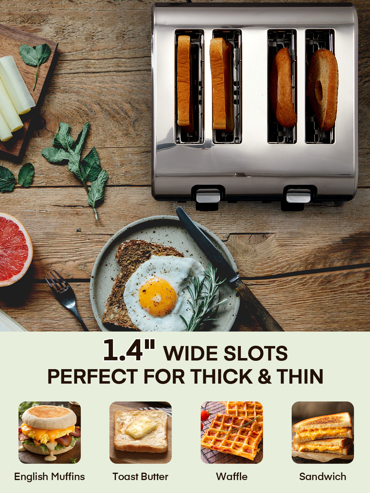 4 Slice Toaster, 1500W Extra-Wide Slot Toaster, for Bagel, Bread, Waffle, with 6 Shade Settings, Dual Independent Control Panel, Reheat/Defrost/Cancel Functions, Stainless Steel Sliver