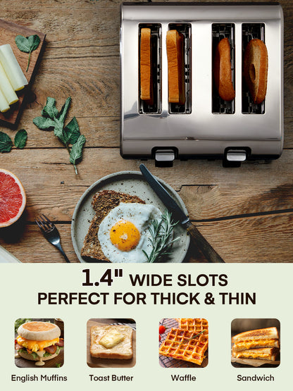 4-Schlitz-Toaster, 1500W Extra breiter Schlitz Toaster, für Bagel, Brot, Waffeln, mit 6 Bräunungsstufen, zwei unabhängige Bedienfelder, Aufwärm-/Auftau-/Stoppfunktionen, Edelstahl Silber