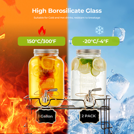 Beverage Dispenser, 2 Pack 1 Gallon Drink Dispensers for Parties, with Leakproof Stainless Steel Spigot, Stand, Infuser, for Christmas, BBQ, Picnic, Lemonade, Cocktails