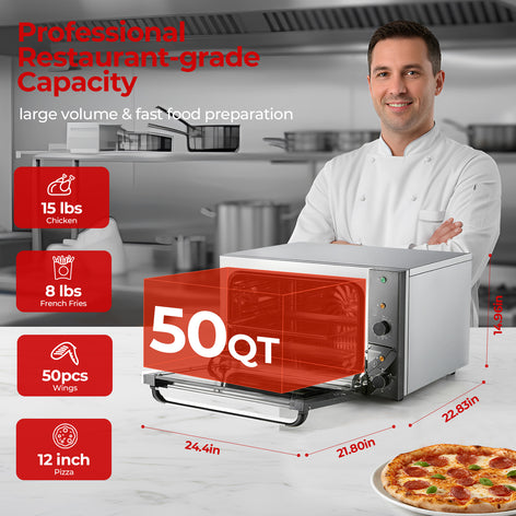 50QT Quarter-Size Convection Oven, 2400W Commercial Toaster oven with 2 Baking Trays,3 set of Wire Racks,120 Minutes Timer and Interior Light, for Restaurants, Cafes & Food Industry