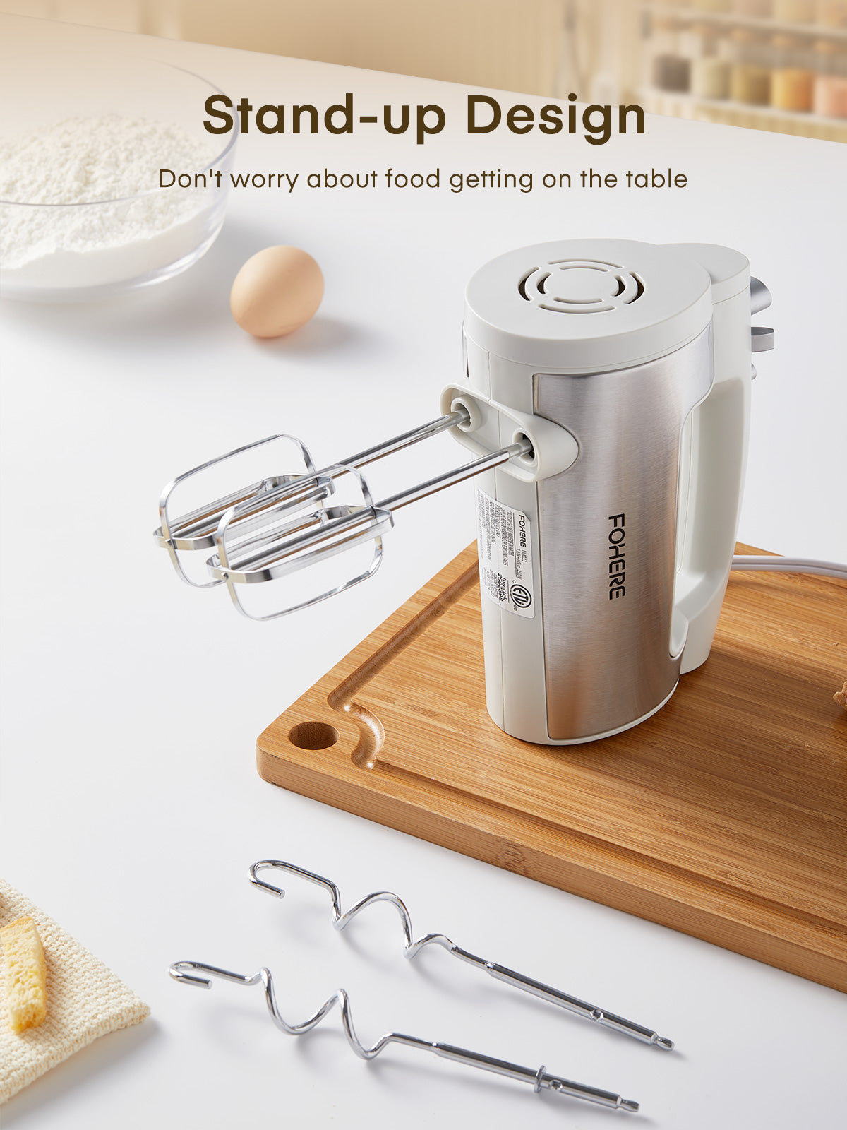 6-Gang-Handmixer mit Turbotaste, Küchenstabmixer zum Aufschlagen von Speisen, Eierschläger inkl. 3 Aufsätzen, Weiß
