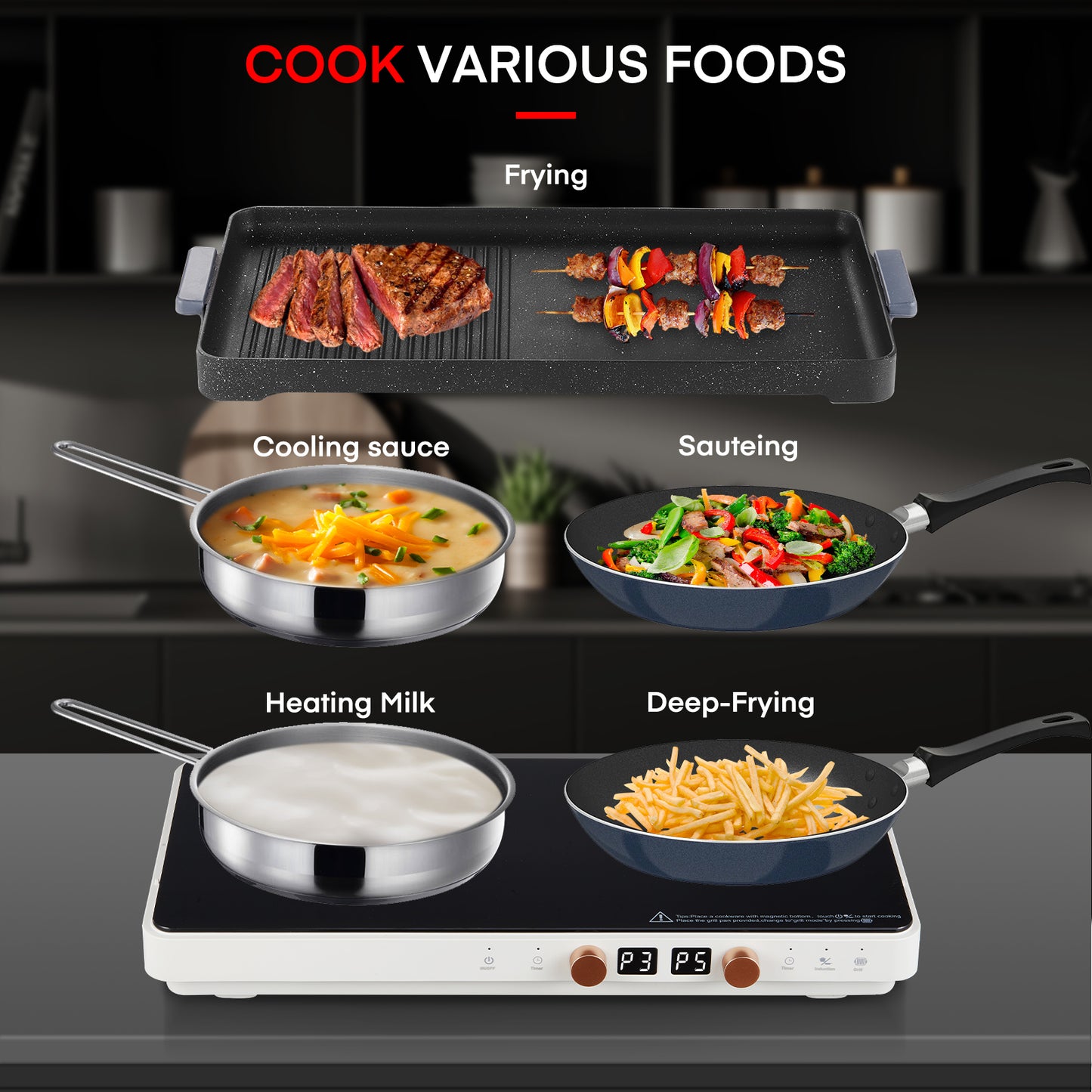 Induction Cooktop 2 Burners, Double Induction Hot Plate with Removable Cast Iron Griddle Pan Non-Stick, Independent Temperature Control, 8 Power Levels