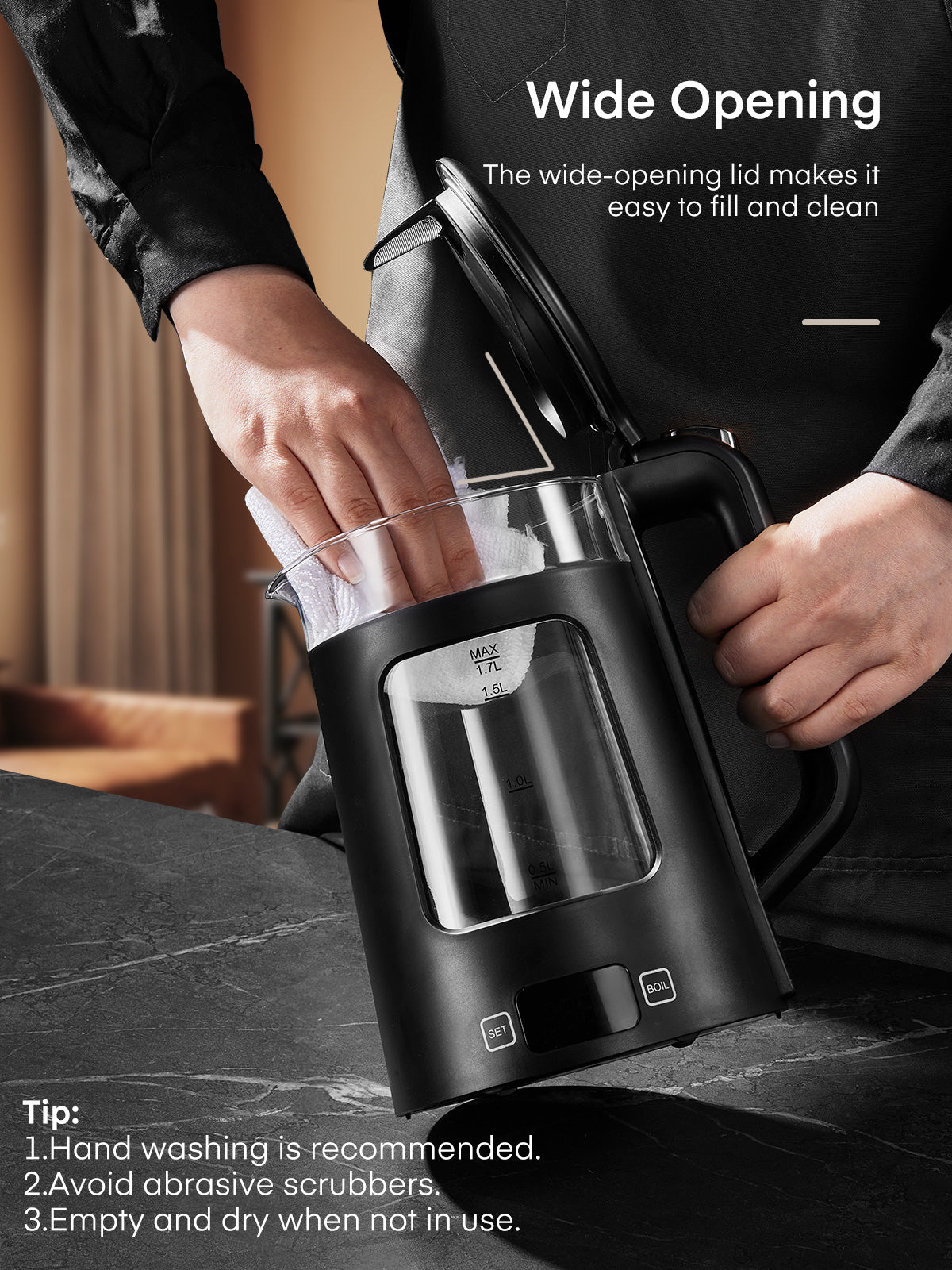 Wasserkocher mit Temperaturregelung, 5 voreingestellten LED-Farben, 1500W Schnellkochfunktion, 1.7L Glasteekessel & Heißwasserspender, Warmhaltefunktion, 100% BPA-frei, Edelstahlboden, Schwarz
