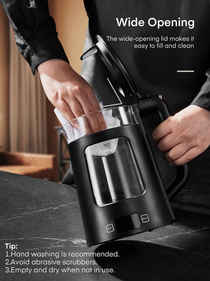 Wasserkocher mit Temperaturregelung, 5 voreingestellten LED-Farben, 1500W Schnellkochfunktion, 1.7L Glasteekessel & Heißwasserspender, Warmhaltefunktion, 100% BPA-frei, Edelstahlboden, Schwarz