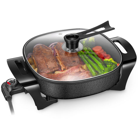 Electric Skillet, 12 Inch Deep Non Stick Electric Frying Pan with Standable Glass Lid, 3 Marked Heating Levels, Heat Resistant Handles and Dishwasher Safe, 1360W, Black, 6x12x2.8 inch