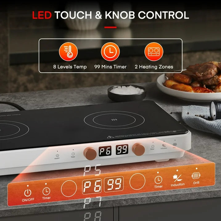 Induction Cooktop 2 Burners 1800W with Removable Cast Iron Griddle Pan Non-Stick, 8 Power Levels Control