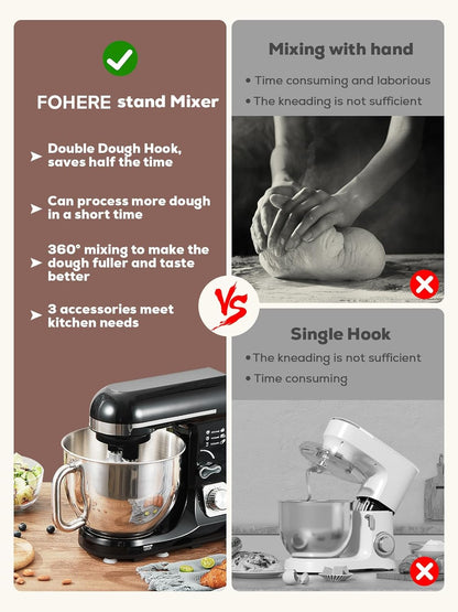 5,5QT Küchenmaschine elektrisch mit Doppelknethaken, Schneebesen & Rührbesen, 6+ P Geschwindigkeits-Kippkopf-Mixer, Spritzschutz für Hausmannskost, Spülmaschinenfeste Edelstahl-Schüssel mit Griff, Schwarz