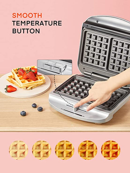 FOHERE Waffeleisen Belgisch 1000W, 2-Scheiben-Waffelautomat mit Bräunungsgradkontrolle, Antihaftplatten, Kontrollleuchten, Kabelaufbewahrung