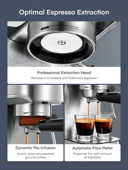 Fohere Espressomaschine, 20 Bar Edelstahl Espressomaschine und Cappuccino-Zubereiter mit Milchaufschäumer und Dampfdüse