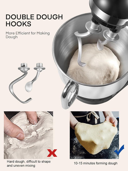 5,5QT Küchenmaschine elektrisch mit Doppelknethaken, Schneebesen & Rührbesen, 6+ P Geschwindigkeits-Kippkopf-Mixer, Spritzschutz für Hausmannskost, Spülmaschinenfeste Edelstahl-Schüssel mit Griff, Schwarz