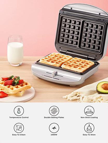 FOHERE Waffeleisen Belgisch 1000W, 2-Scheiben-Waffelautomat mit Bräunungsgradkontrolle, Antihaftplatten, Kontrollleuchten, Kabelaufbewahrung