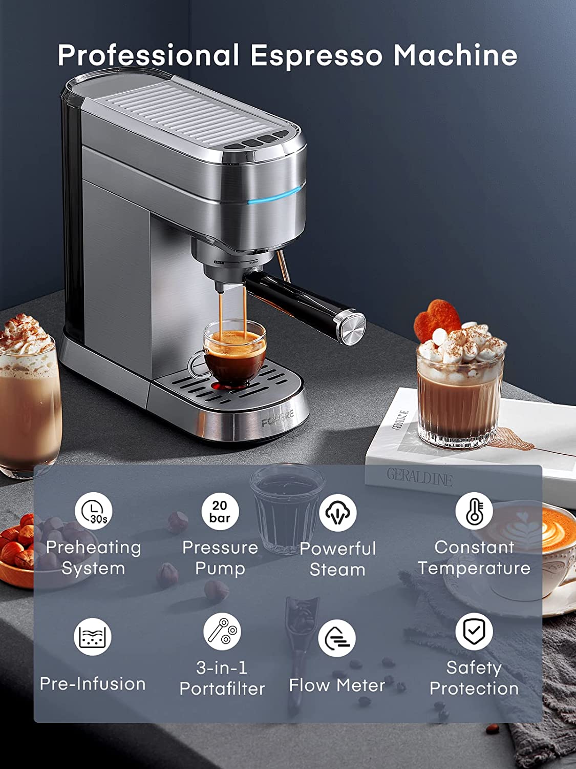 FOHERE Espresso Machine, 20 Bar Espresso and Cappuccino Maker with Milk Frother Steam Wand