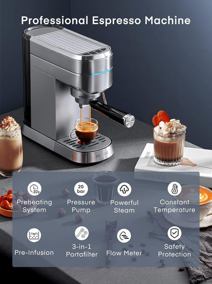Fohere Espressomaschine, 20 Bar Edelstahl Espressomaschine und Cappuccino-Zubereiter mit Milchaufschäumer und Dampfdüse