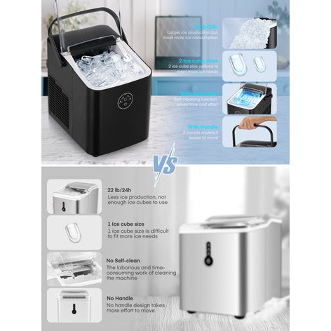 FOHERE Ice Maker Countertop with Handle, 2 Ice Sizes, 9 Bullet Ice in 6 Mins, 28lbs in 24h, Self-clean