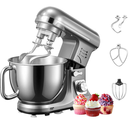 Küchenmaschine mit Doppelknethaken, 6 Geschwindigkeiten, 5,5-Liter-Edelstahlschüssel, Rührbesen und Schneebesen, Silber