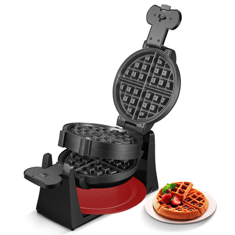 Waffle Maker, Belgian Waffle Maker Iron 180° Flip Double Waffle, 8 Slices, Rotating & Nonstick Plates, Removable Drip Tray, Cool Touch Handle, Red, 1400W